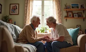 Starsza para trzyma się za ręce, śmiejąc się. Miłość i wsparcie pomagają żyć z chorobą Alzheimera.