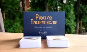 Pudełko terapeutyczne z kartami, które mogą być przykładowe formy terapii dziecka z zespołem Aspergera.
