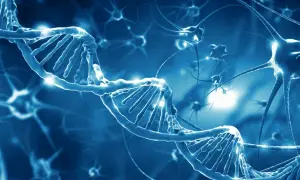 Błękitna, świecąca helisa DNA i neurony. Obraz symbolizuje badania nad chorobą Taya Sachsa i jej genetycznymi przyczynami.
