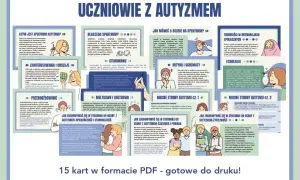 Poznaj cechy autyzmu: spektrum, stimowanie, echolalia, meltdown, mocne strony i jak budować relacje. 15 kart PDF.