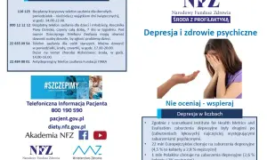 Grafika informuje o wsparciu w chorobach psychicznych, pokazując smutną kobietę i dłoń wyciągniętą w geście pomocy. Podano numery telefonów zaufania.