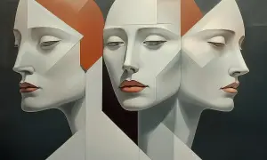Trzy stylizowane twarze, ułożone w geometryczne kształty, sugerują stan minimalnej świadomości.
