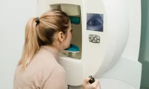 Kobieta poddawana badaniu pola widzenia. Na ekranie urządzenia widoczne jest oko z celownikiem.