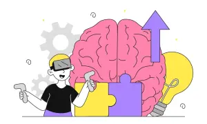 Chłopiec w goglach VR składa mózg z puzzli, symbolizując zrozumienie neuroatypowości i jej objawów. Żarówka i strzałka w górę oznaczają rozwój.
