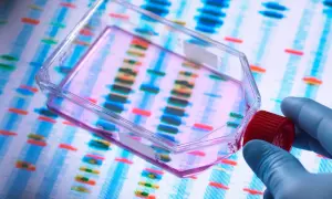 Badanie DNA w celu wykrycia mutacji genetycznych związanych z chorobą Pompego. Ręka w rękawiczce trzyma pojemnik z próbką na tle elektroforezy.
