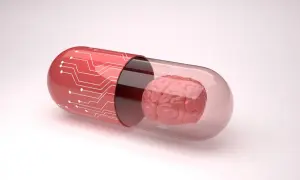 Czerwona kapsułka z obwodem drukowanym zawiera mózg, symbolizując potencjalne leki, np. inhibitory MAO, wpływające na funkcje poznawcze.