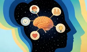 Mózg w kosmosie, połączony z ikonami: chłopiec, smutna buźka, serce, dwie osoby, żarówka. Ilustracja do testu Sally-Anne.