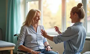 Uśmiechnięta kobieta na wózku inwalidzkim rozmawia z opiekunką. Po udarze móżdżku można żyć pełnią życia.