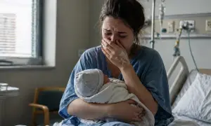 Zmartwiona matka tuli noworodka w szpitalu. Wczesne wspomaganie rozwoju i orzeczenie o niepełnosprawności to ważne tematy dla rodziców.