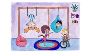 Kolorowa ilustracja przedstawia dzieci bawiące się w pokoju. Na półce widać książki dla dzieci z autyzmem.