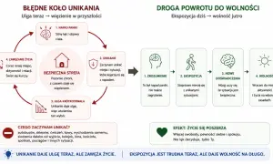 Cykl unikania po atakach paniki: od lęku i unikania do ekspozycji i wolności. Unikanie daje ulgę teraz, ale zawęża życie.