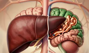 Anatomical illustration showing the liver and brain, highlighting how **choroba Wilsona** affects both organs due to copper accumulation.