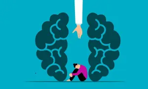 Osoba zmagająca się z ADHD, szukająca ukojenia w stimmingu, siedzi skulona wewnątrz symbolicznego mózgu. Pomocna dłoń wyciąga się ku niej.