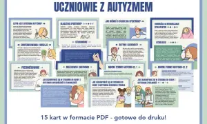 Uczniowie z autyzmem w szkole: karty PDF o spektrum, komunikacji, mocnych stronach i wsparciu.