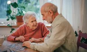 Para seniorów układa puzzle, ciesząc się wspólnymi ćwiczeniami umysłowymi.