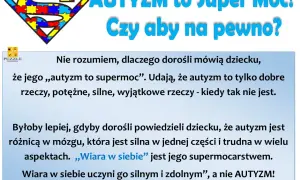 Autyzm to niepełnosprawność? Grafika z symbolem Supermana z puzzli i tekstem "AUTYZM to Super Moc! Czy aby na pewno?". Podkreśla, że autyzm to różnica, a nie tylko supermoc.