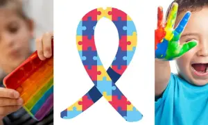 Dziecko bawi się kolorową zabawką, symbol wstążki z puzzli i radosny chłopiec z pomalowanymi dłońmi. Odkrywamy zalety autyzmu.
