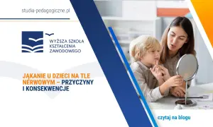 Terapeutka pomaga chłopcu ćwiczyć wymowę przed lustrem, wspierając go w walce z jąkaniem na tle nerwowym.