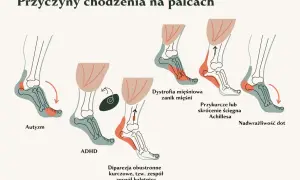Ilustracja pokazuje przyczyny chodzenia na palcach, w tym autyzm, ADHD, dystrofię mięśniową, przykurcze ścięgna Achillesa i nadwrażliwość dotykową.