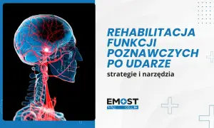 Ilustracja mózgu z naczyniami krwionośnymi, symbolizująca rehabilitację funkcji poznawczych po udarze. Dostępne są karty pracy.