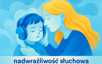 Dziecko z autyzmem w słuchawkach, które łapie się za uszy, czuje się przytłoczone dźwiękami. Mama delikatnie dotyka jego ucha, oferując wsparcie.