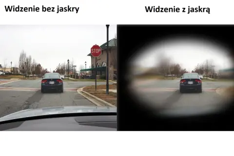 Widzenie bez jaskry pokazuje pełny obraz drogi, podczas gdy widzenie z jaskrą ogranicza pole widzenia, rozmazując krawędzie.