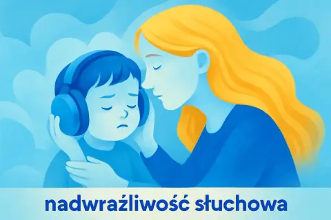 Dziecko z autyzmem w słuchawkach, które łapie się za uszy, czuje się przytłoczone dźwiękami. Mama delikatnie dotyka jego ucha, oferując wsparcie.