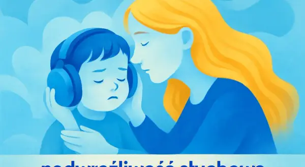 Dziecko z autyzmem w słuchawkach, które łapie się za uszy, czuje się przytłoczone dźwiękami. Mama delikatnie dotyka jego ucha, oferując wsparcie.
