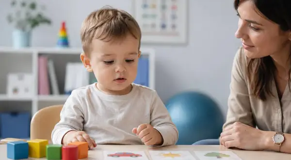 Uważne 2 letnie dziecko nie pokazuje palcem, ale skupia wzrok na kartach z obrazkami. Obok siedzi uśmiechnięta kobieta.