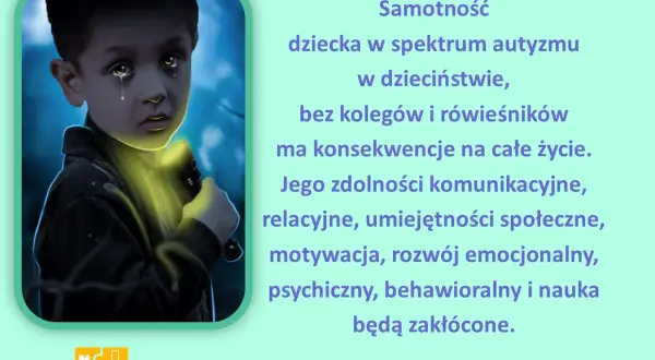 Smutny chłopiec z autyzmem trzyma latarkę. Tekst podkreśla konsekwencje samotności w dzieciństwie dla rozwoju. Rady dla rodziców dzieci z autyzmem.