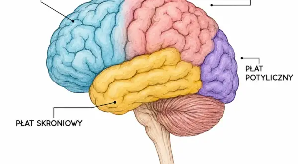 Kolorowy schemat mózgu z zaznaczonymi płatami: czołowym (niebieski), ciemieniowym (różowy), skroniowym (żółty) i potylicznym (fioletowy). Ilustracja podkreśla plastyczność mózgu.