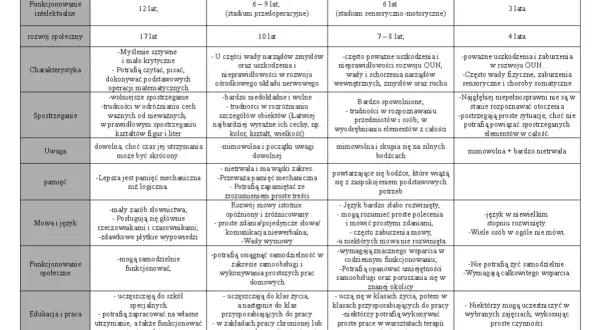 Tabela porównująca autyzm jaki stopień niepełnosprawności: lekki, umiarkowany, znaczny, głęboki.