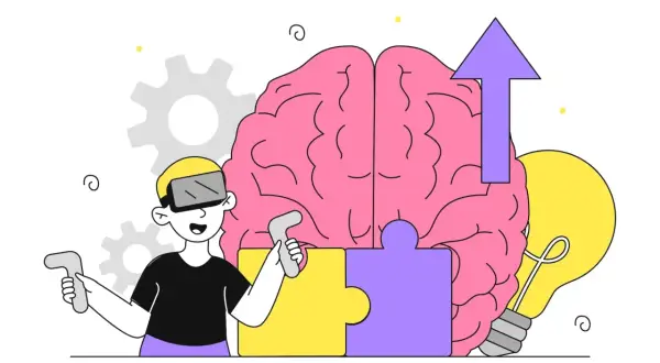 Chłopiec w goglach VR składa mózg z puzzli, symbolizując zrozumienie neuroatypowości i jej objawów. Żarówka i strzałka w górę oznaczają rozwój.