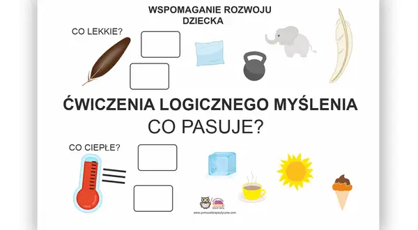 Zadania na logiczne myślenie dla dorosłych: dopasuj piórko do pustego pola, a termometr do drugiego. Obok są inne obrazki do dopasowania.