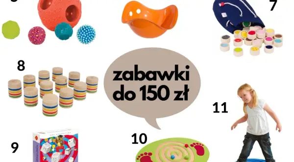 Zabawki wspierające rozwój 10 latka z zaburzeniami integracji sensorycznej: piłki sensoryczne, huśtawka, klocki, gra pamięciowa, labirynt.
