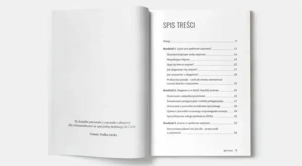Spis treści książki o autyzmie. Rozdziały omawiają spektrum autyzmu, diagnozę, aspekty prawne i neuroróżnorodność.
