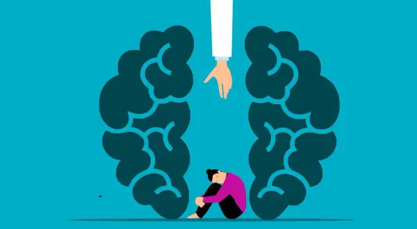 Osoba zmagająca się z ADHD, szukająca ukojenia w stimmingu, siedzi skulona wewnątrz symbolicznego mózgu. Pomocna dłoń wyciąga się ku niej.
