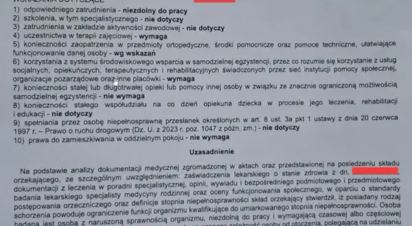 Orzeczenie o niepełnosprawności, wskazania dotyczące zatrudnienia i terapii, uzasadnienie stopnia niepełnosprawności.