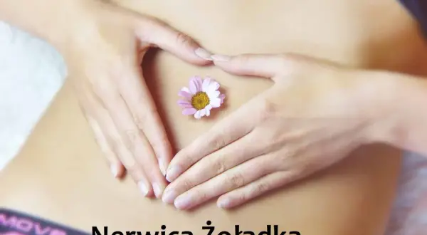 Dłonie tworzą serce na brzuchu, na którym leży kwiatek. Symbolizuje to ulgę w problemach z nerwicą żołądka.