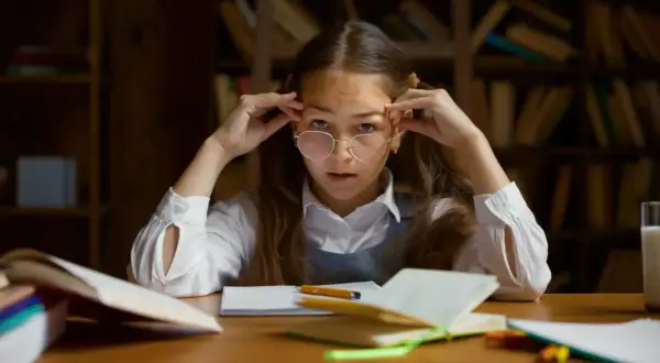 Dziewczynka w okularach, z rękami przy skroniach, skupiona na nauce. Widać jej zaangażowanie i funkcje uwagi podczas studiowania.