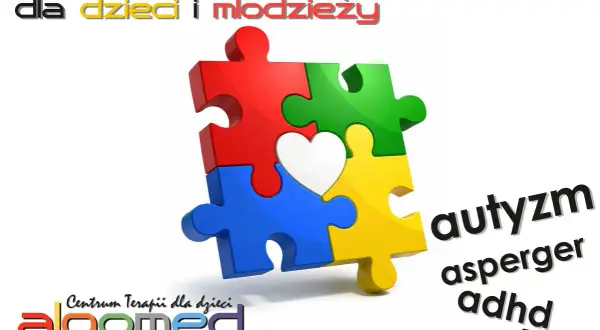 Kolorowe puzzle tworzące serce symbolizują integrację sensoryczną w autyzmie. Centrum terapii dla dzieci i młodzieży.