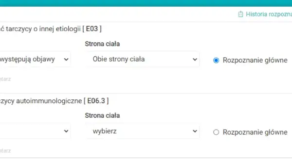 Zapis medyczny z rozpoznaniem niedoczynności tarczycy (E03) i zapalenia tarczycy (E06.3). Brak informacji o ICD 10 F84.