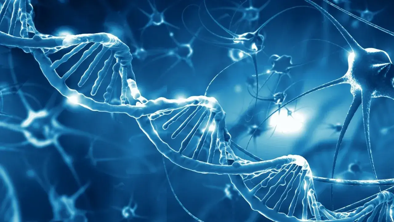 Błękitna, świecąca helisa DNA i neurony. Obraz symbolizuje badania nad chorobą Taya Sachsa i jej genetycznymi przyczynami.