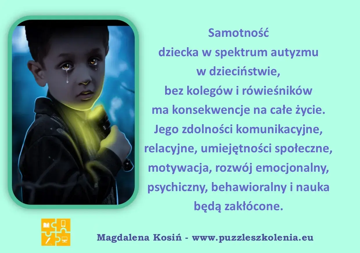 Smutny chłopiec z autyzmem trzyma latarkę. Tekst podkreśla konsekwencje samotności w dzieciństwie dla rozwoju. Rady dla rodziców dzieci z autyzmem.