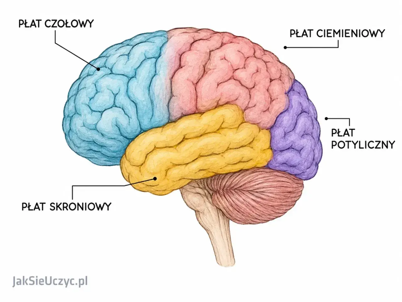 Kolorowy schemat mózgu z zaznaczonymi płatami: czołowym (niebieski), ciemieniowym (różowy), skroniowym (żółty) i potylicznym (fioletowy). Ilustracja podkreśla plastyczność mózgu.