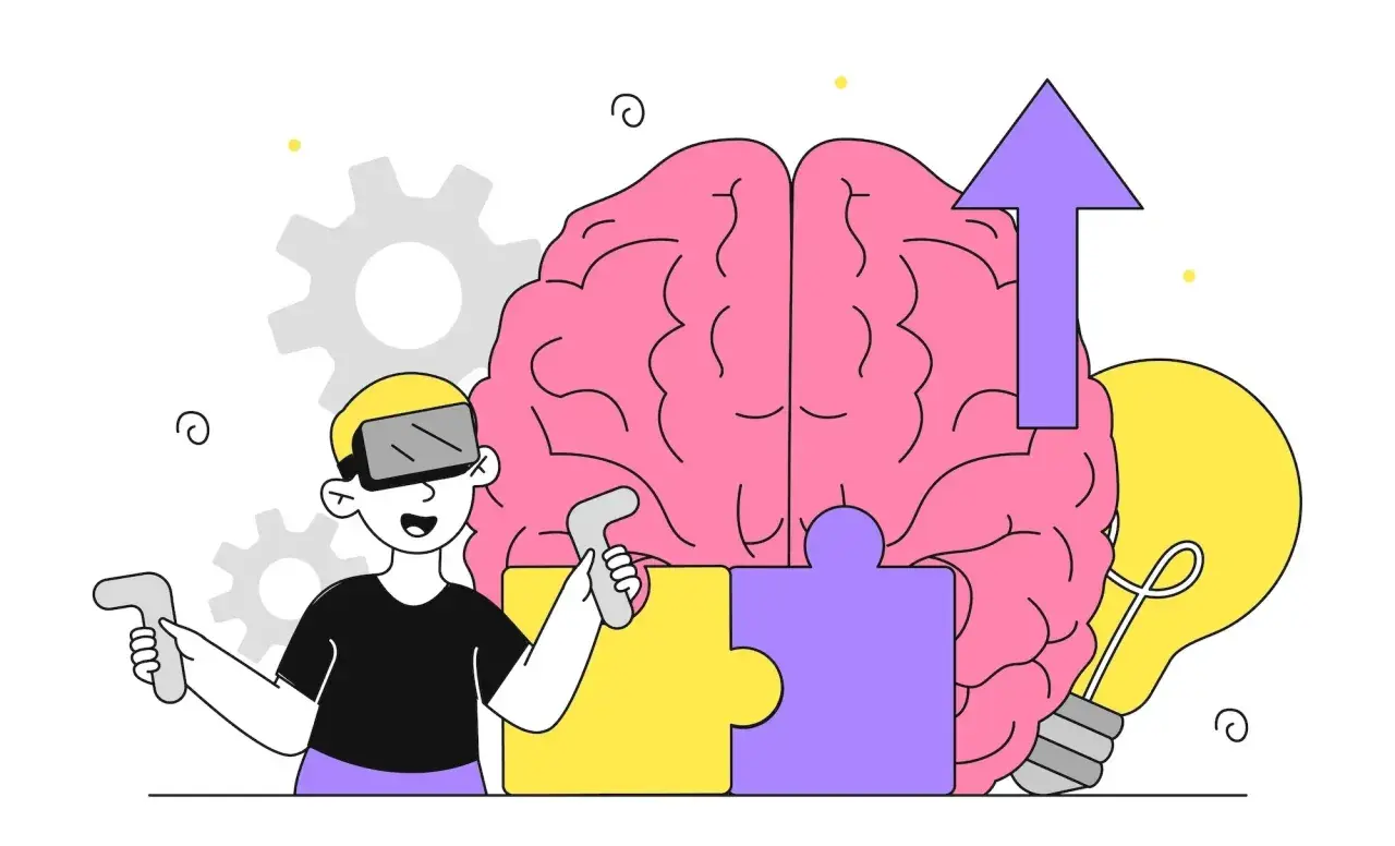 Chłopiec w goglach VR składa mózg z puzzli, symbolizując zrozumienie neuroatypowości i jej objawów. Żarówka i strzałka w górę oznaczają rozwój.
