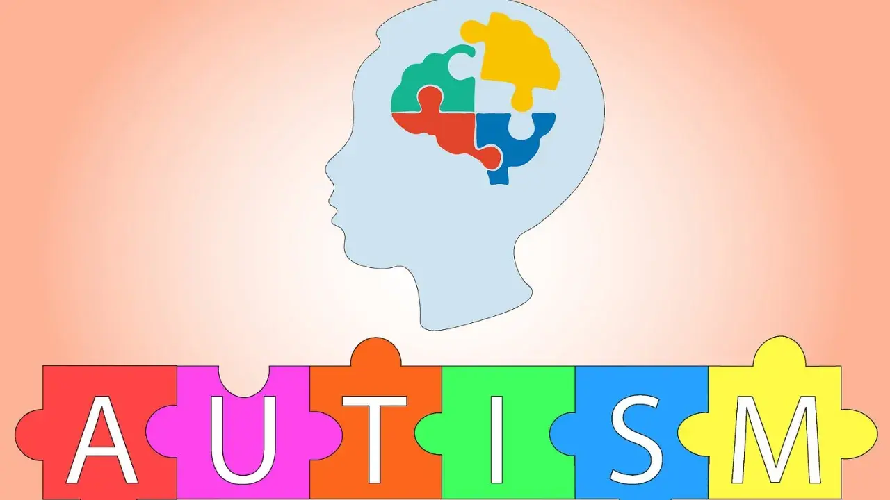 Sylwetka głowy z mózgiem z puzzli, poniżej napis AUTISM ułożony z kolorowych puzzli. Symbolizuje zespół Aspergera.