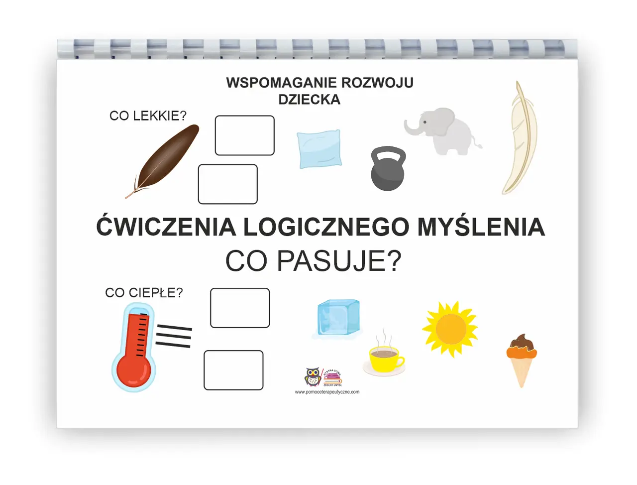 Zadania na logiczne myślenie dla dorosłych: dopasuj piórko do pustego pola, a termometr do drugiego. Obok są inne obrazki do dopasowania.
