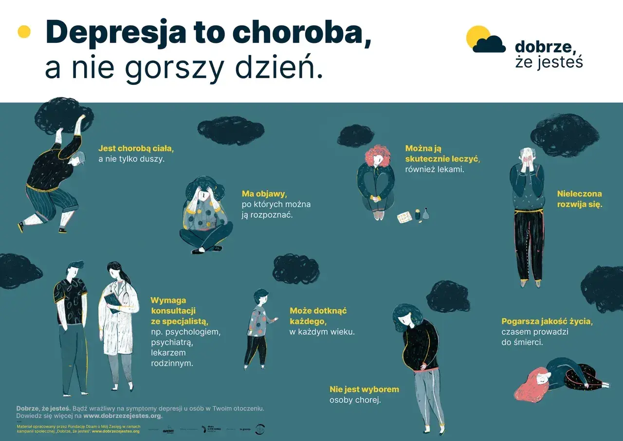 Ilustracja przedstawia różne osoby zmagające się z depresją. Podkreśla, że to choroba, a nie gorszy dzień, którą można rozpoznać, leczyć i która nie jest wyborem.