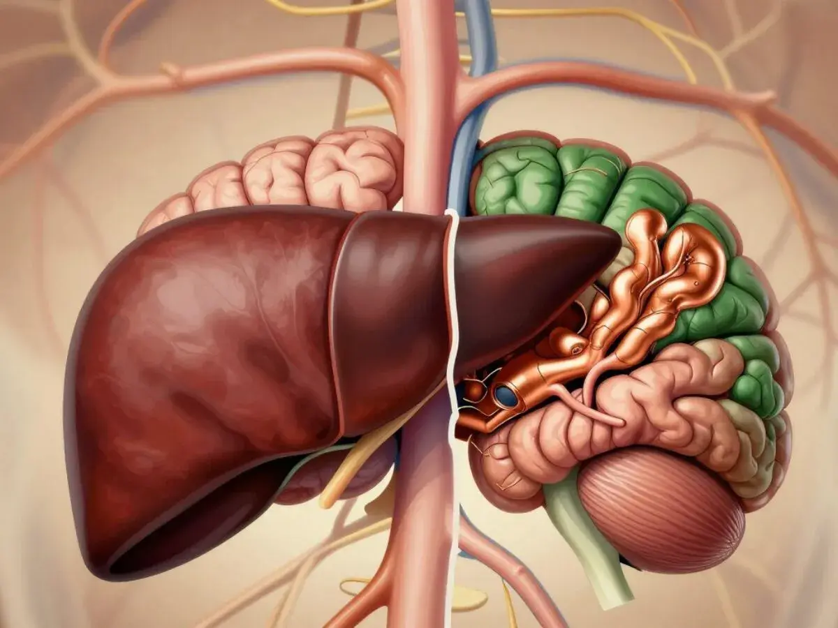 Anatomical illustration showing the liver and brain, highlighting how **choroba Wilsona** affects both organs due to copper accumulation.